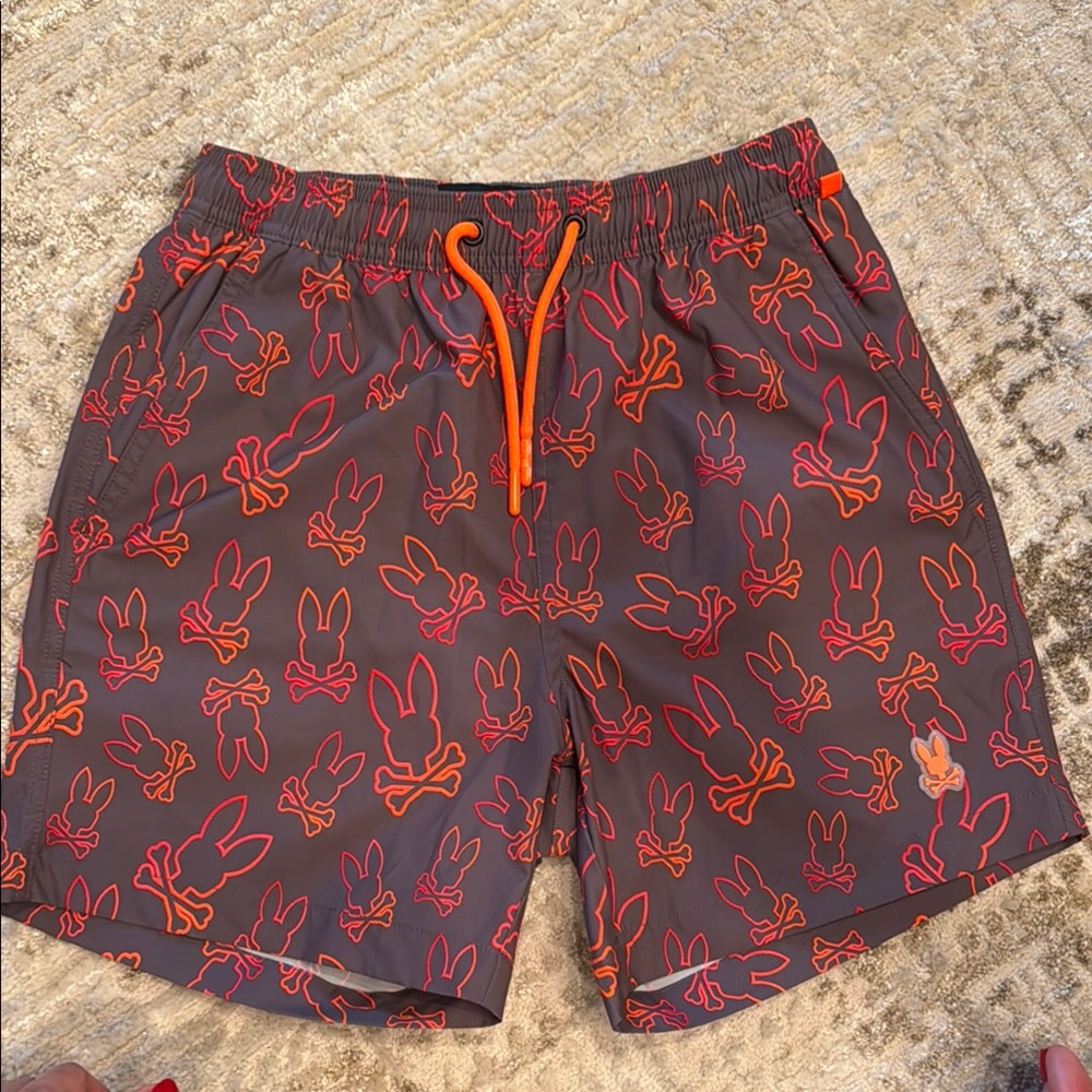Psycho Bunny Boy’s Swim Shorts with Bunny Print - Gray and Orange